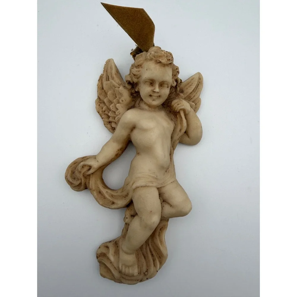 Vintage Cherub Angel Ornaments Set of 2 Ivory Faux Stone Resin Christmas Decor